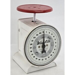 9" Antique Way Rite Kitchen Food Scale USA‎ Red Top w Cream Base up to 25 lbs